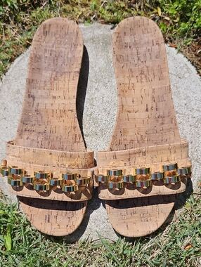 Veronica Beard Cork Slide Sandals with Gold Chain Accent